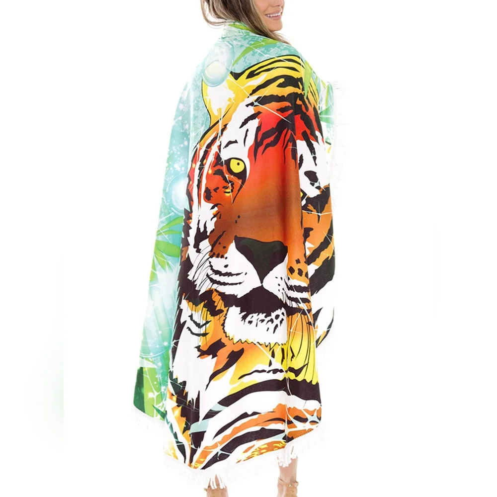 Round Shaped Tiger Summer Beach Towel w Tassel Trim